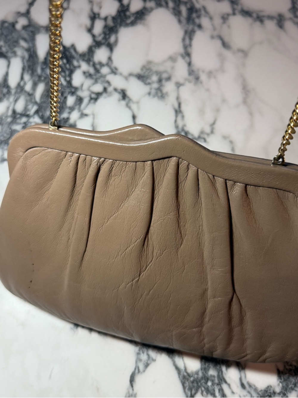Vintage Andé Taupe Leather Pleated Clutch Gold Chain Strap 1970s